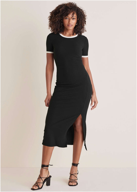 Ribbed Contrast Midi Dress - Jet Black | Venus Value