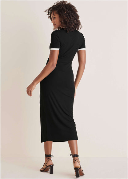 Ribbed Contrast Midi Dress - Jet Black | Venus Value