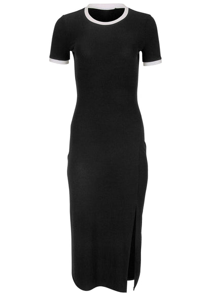 Ribbed Contrast Midi Dress - Jet Black | Venus Value