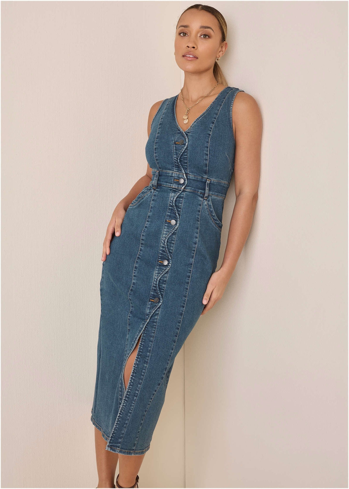 Denim Wave Maxi Dress - Medium Wash | Venus Affordable