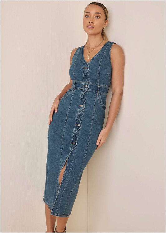 Denim Wave Maxi Dress - Medium Wash | Venus Affordable