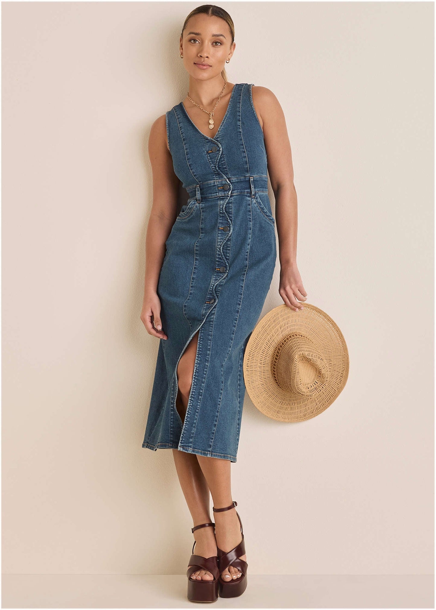 Denim Wave Maxi Dress - Medium Wash | Venus Affordable