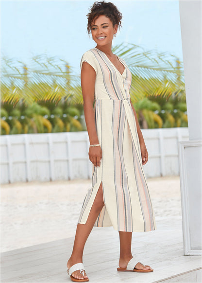 V-Neck Faux-Wrap Dress - White Multi | Venus Popular Choice