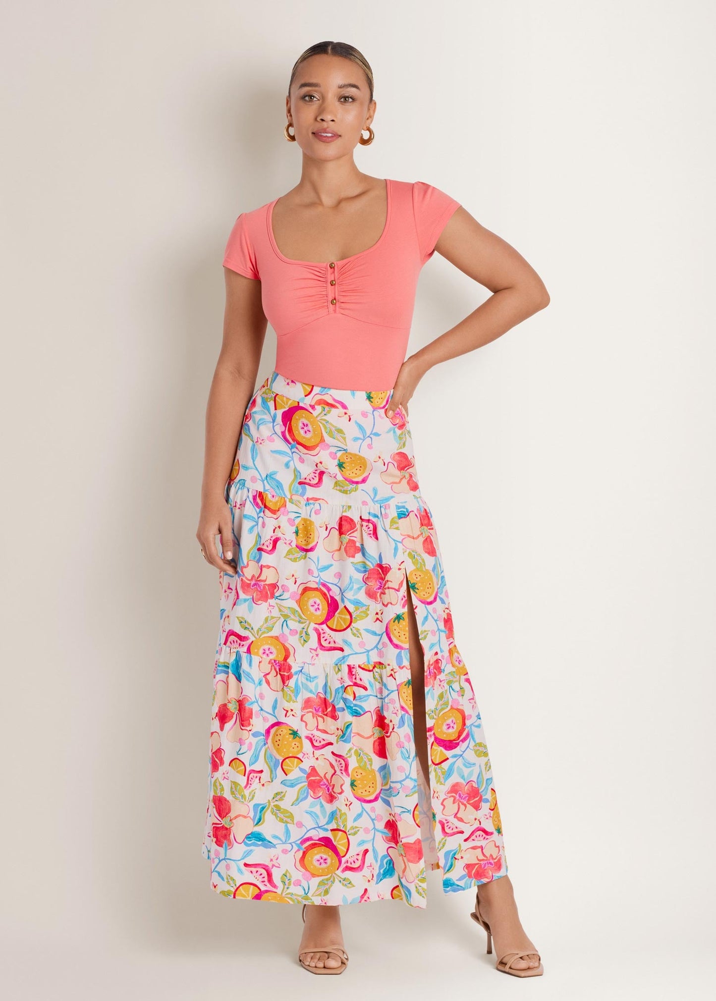 Linen High Slit Skirt Soft Citrus Floral | Venus Limited Edition