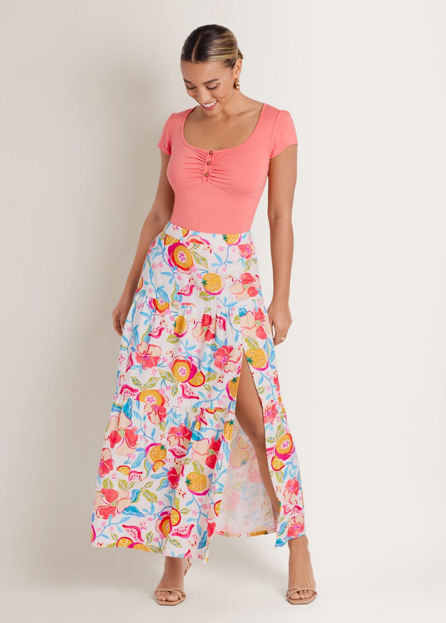 Linen High Slit Skirt Soft Citrus Floral | Venus Limited Edition