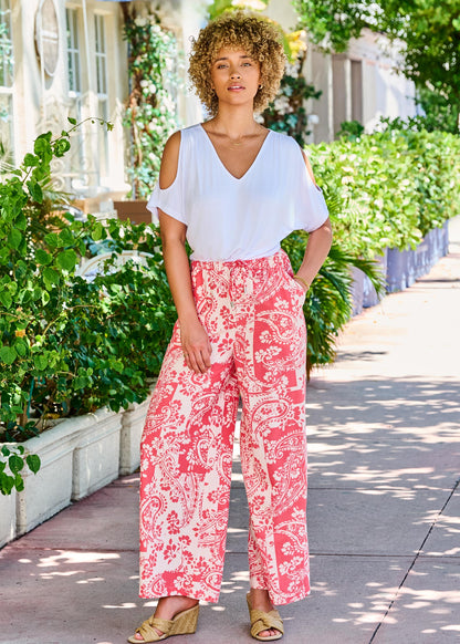 Wide Leg Linen Pant Patched Paisley Red | Venus Sale