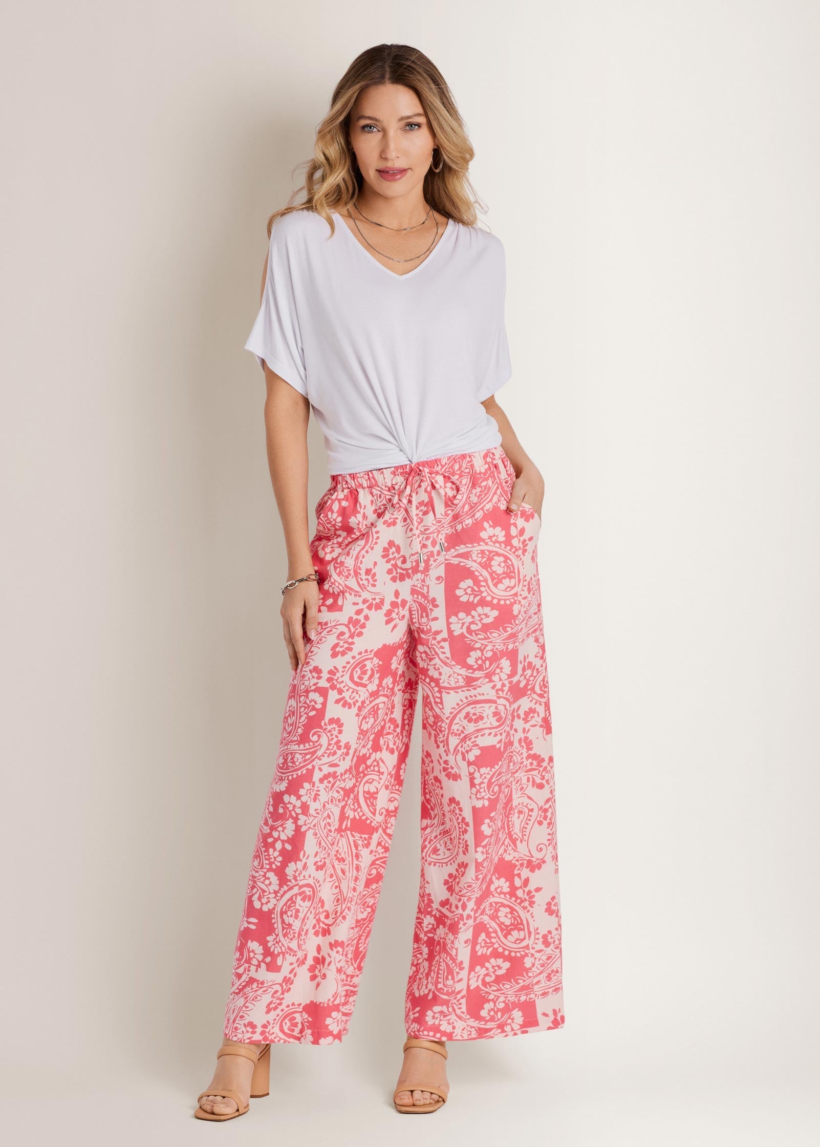 Wide Leg Linen Pant Patched Paisley Red | Venus Sale