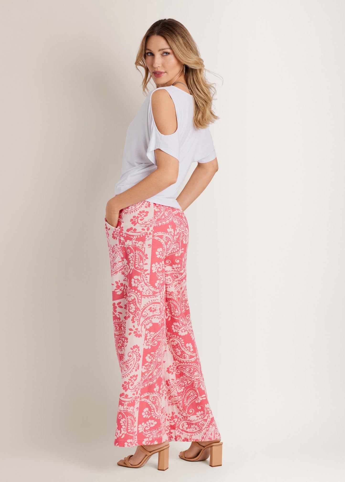 Wide Leg Linen Pant Patched Paisley Red | Venus Sale