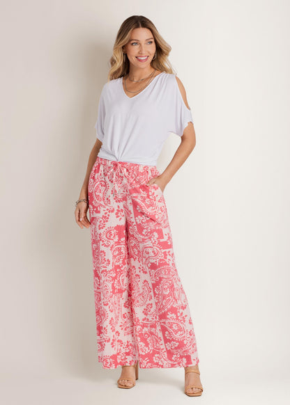 Wide Leg Linen Pant Patched Paisley Red | Venus Sale