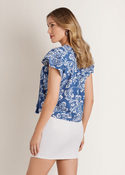 Linen Ruffle Sleeve Top Patched Paisley Blue | Venus Best Seller