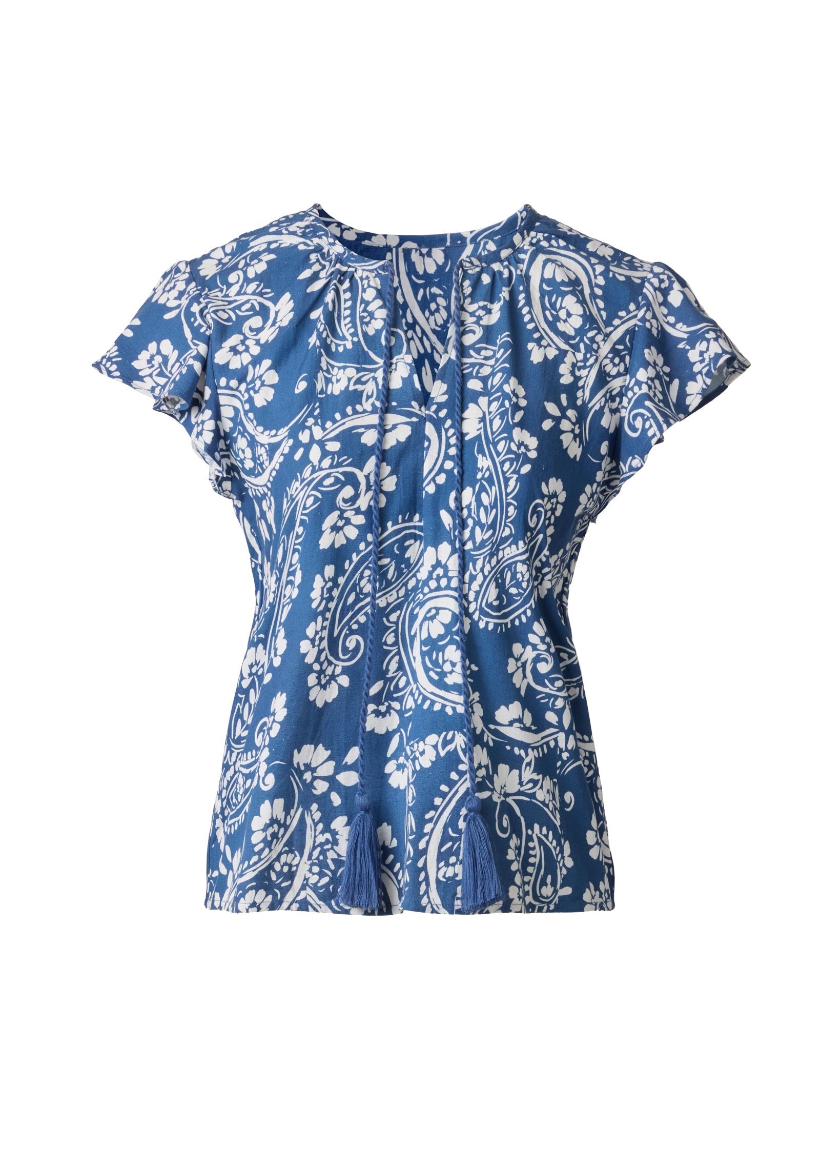 Linen Ruffle Sleeve Top Patched Paisley Blue | Venus Best Seller