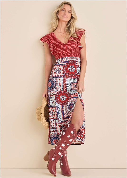 Linen V-Neck Maxi Dress - Heritage Bandana Medley | Venus Cost Saving