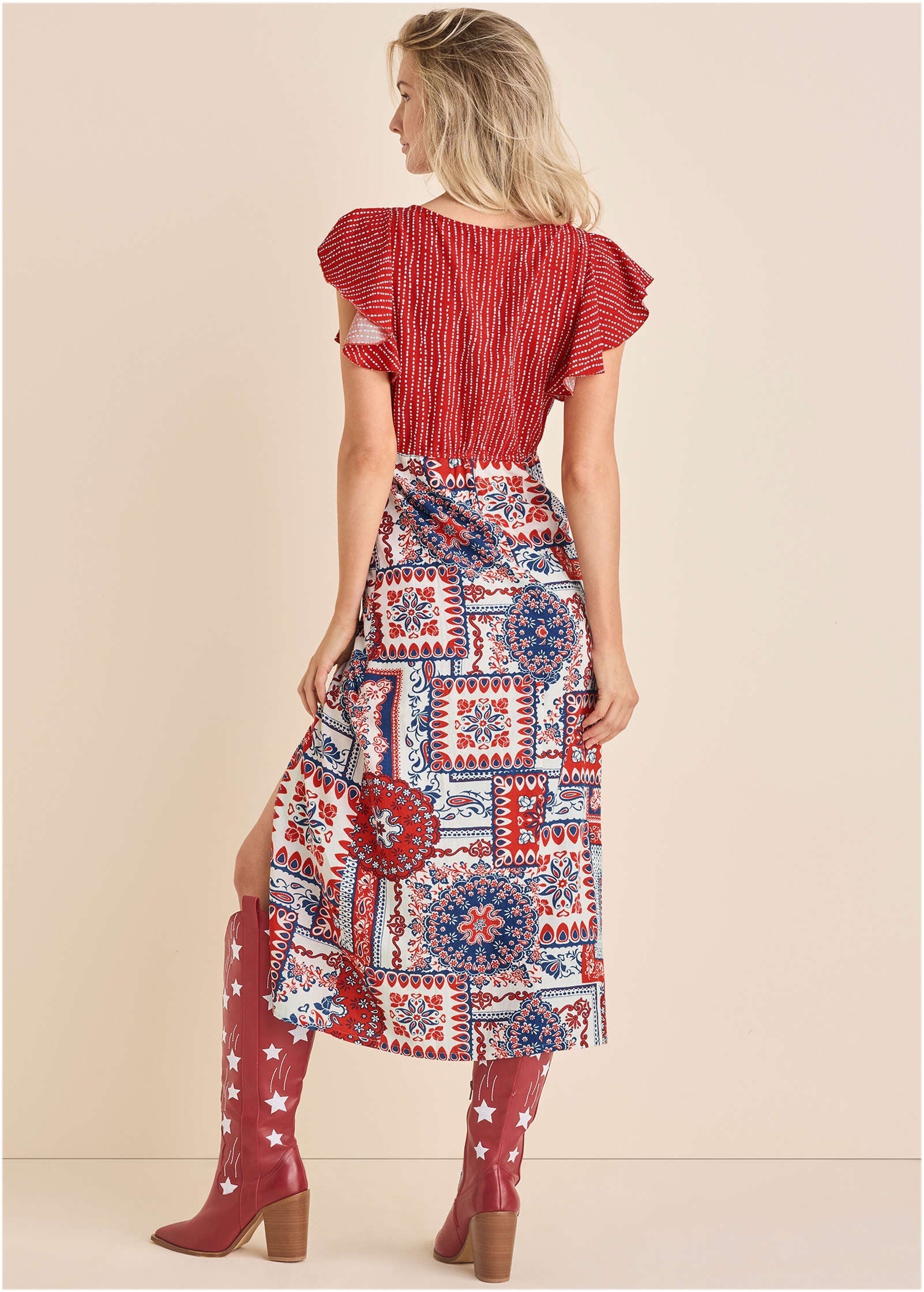 Linen V-Neck Maxi Dress - Heritage Bandana Medley | Venus Cost Saving