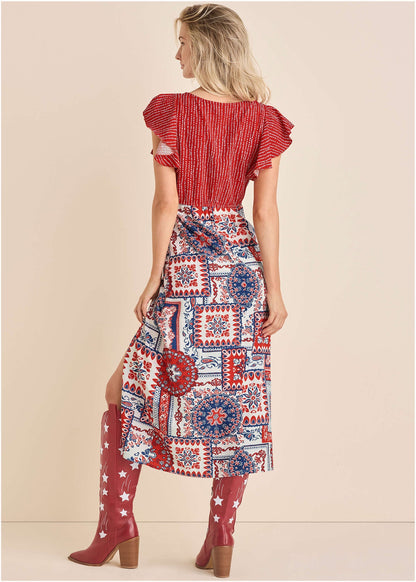 Linen V-Neck Maxi Dress - Heritage Bandana Medley | Venus Cost Saving