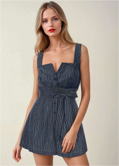 Casual Linen Romper - Navy Dot Stripe | Venus Value
