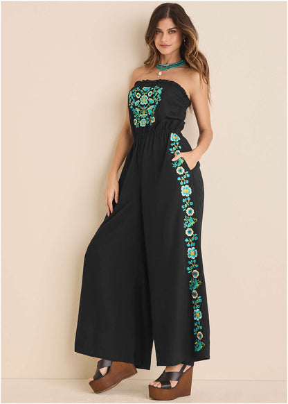 Strapless Linen Jumpsuit - Black & Blue | Venus Budget Friendly