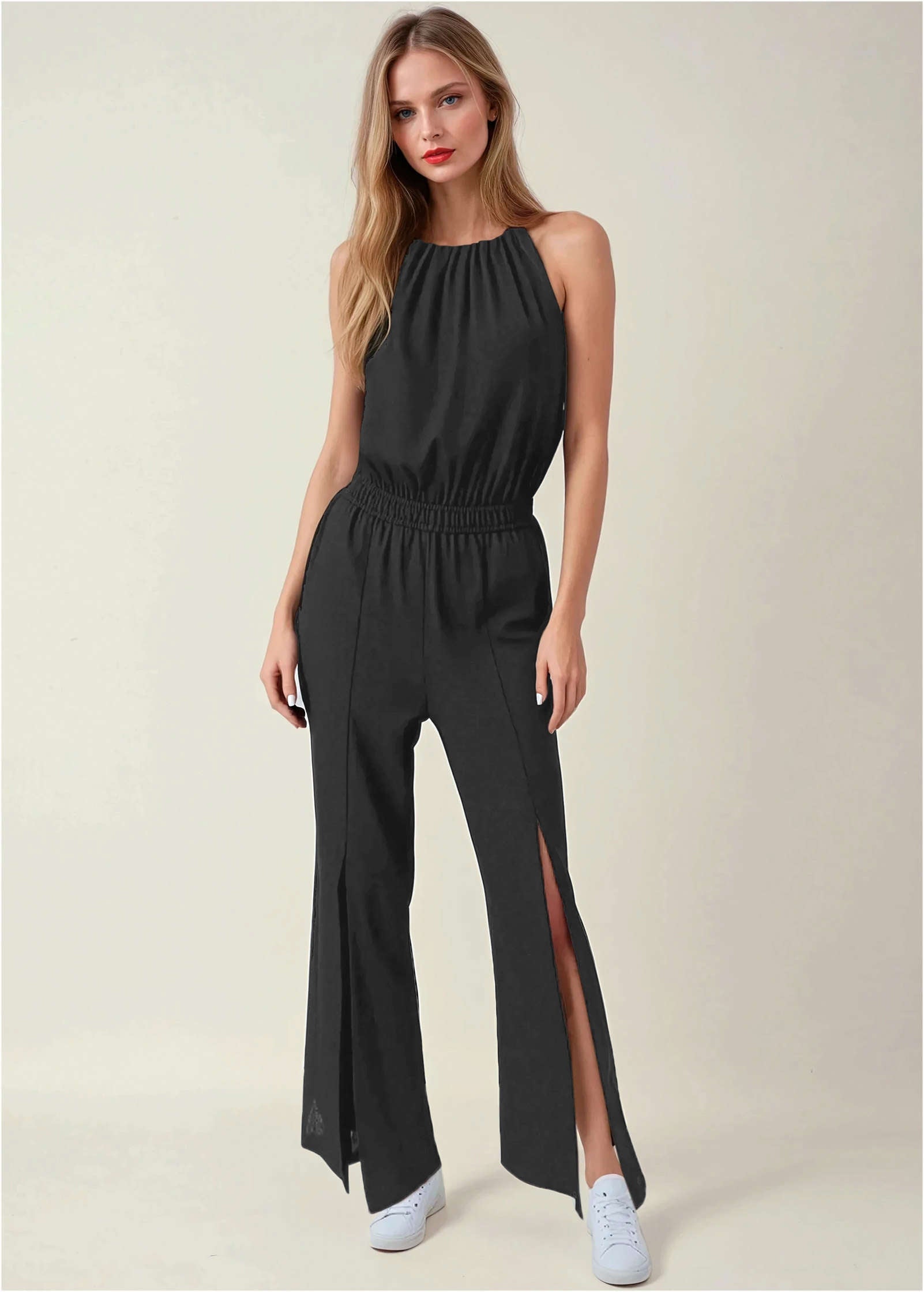 Linen Front Slit Jumpsuit - Jet Black | Venus Great Deal