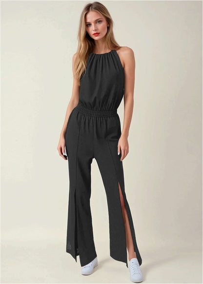 Linen Front Slit Jumpsuit - Jet Black | Venus Great Deal
