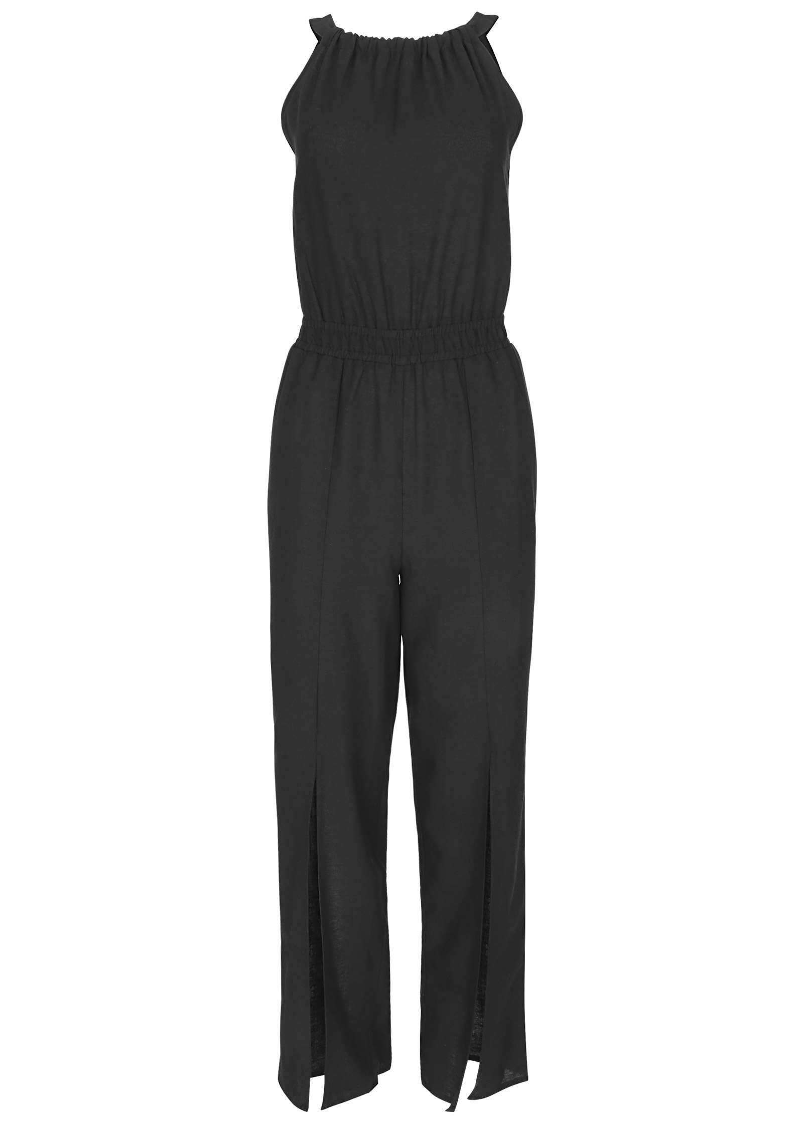 Linen Front Slit Jumpsuit - Jet Black | Venus Great Deal