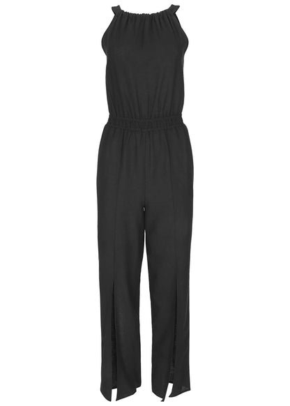 Linen Front Slit Jumpsuit - Jet Black | Venus Great Deal