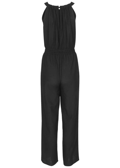 Linen Front Slit Jumpsuit - Jet Black | Venus Great Deal