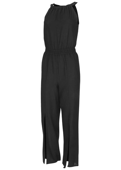 Linen Front Slit Jumpsuit - Jet Black | Venus Great Deal