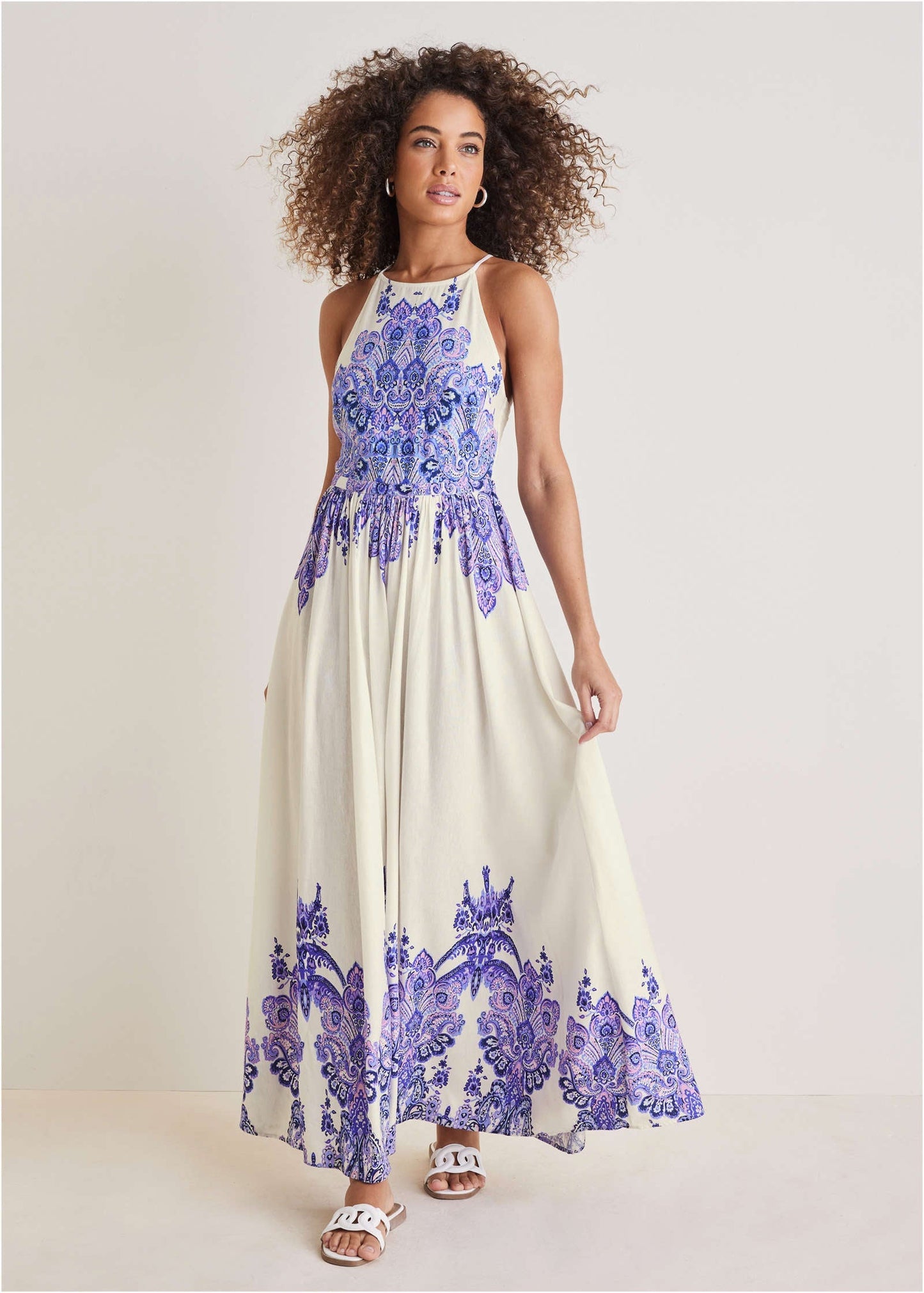 Printed Linen Maxi Dress - Purple Paisley Border | Venus Popular Choice