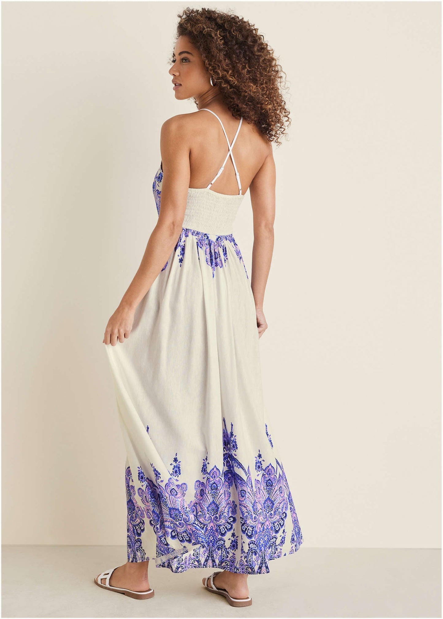 Printed Linen Maxi Dress - Purple Paisley Border | Venus Popular Choice