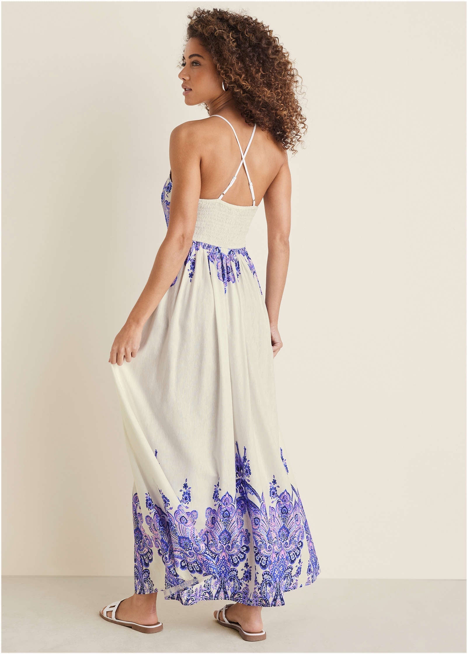 Printed Linen Maxi Dress - Purple Paisley Border | Venus Popular Choice