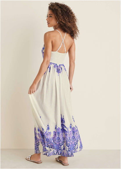 Printed Linen Maxi Dress - Purple Paisley Border | Venus Popular Choice