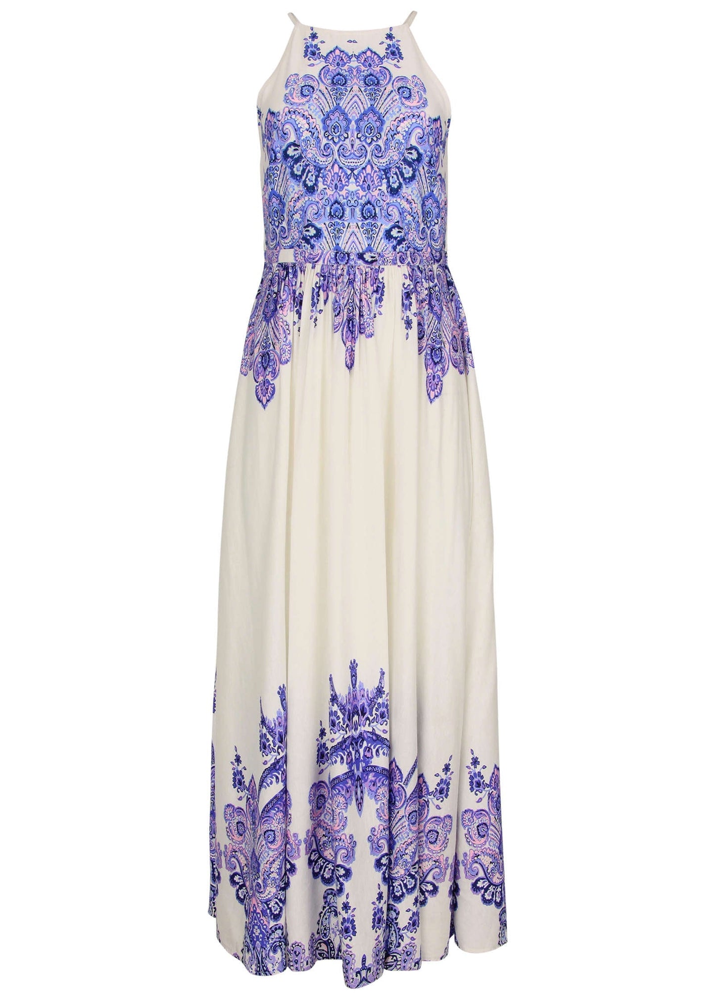 Printed Linen Maxi Dress - Purple Paisley Border | Venus Popular Choice