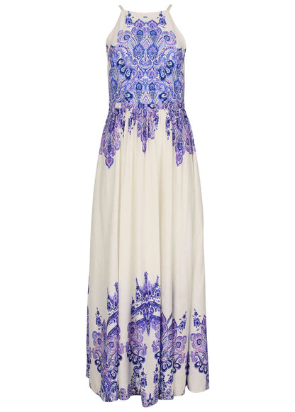 Printed Linen Maxi Dress - Purple Paisley Border | Venus Popular Choice