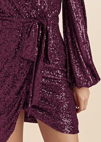 Belted Sequin Wrap Dress - Wine | Venus Sale