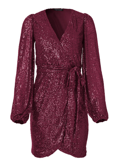 Belted Sequin Wrap Dress - Wine | Venus Sale