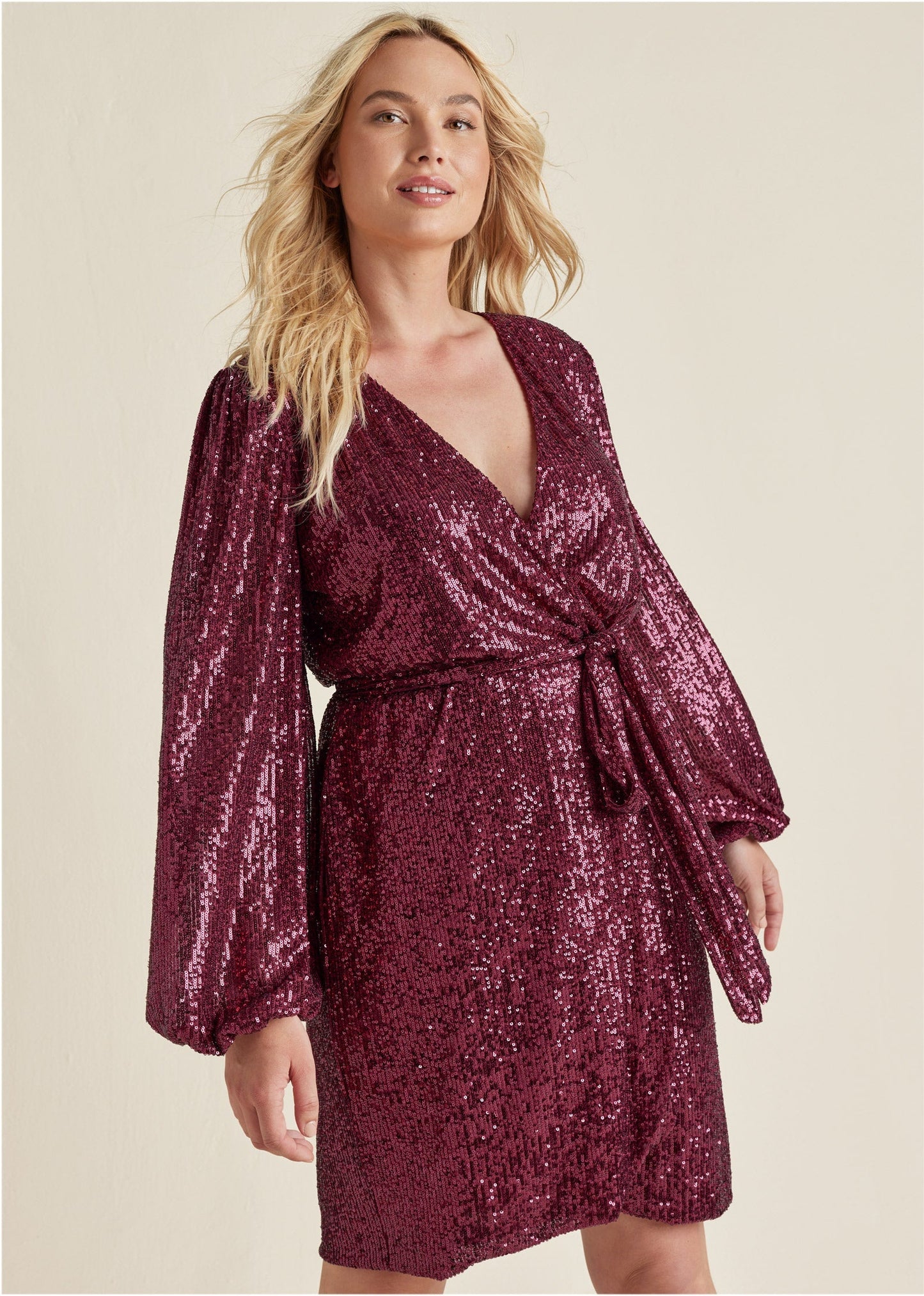 Belted Sequin Wrap Dress - Wine | Venus Sale