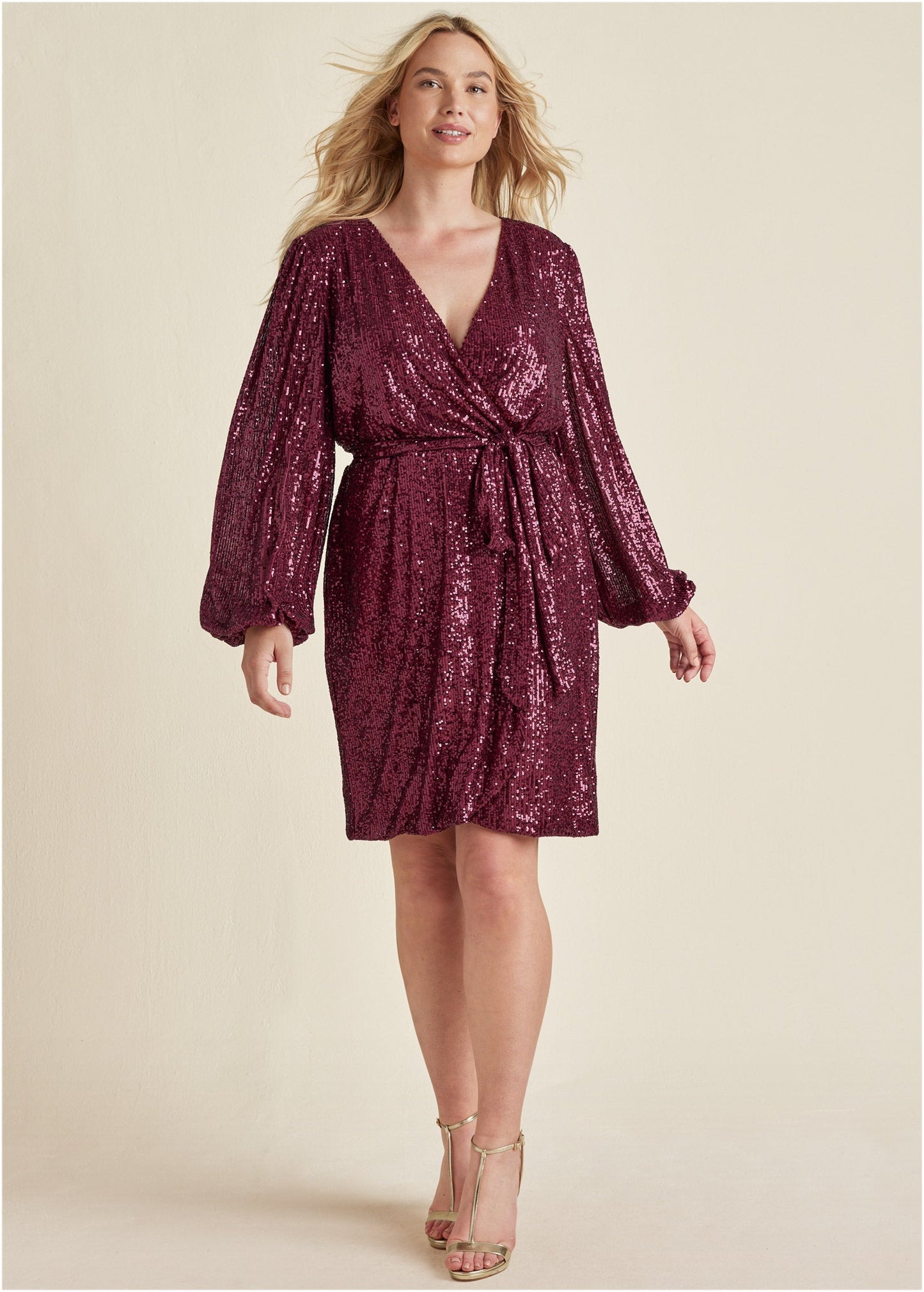 Belted Sequin Wrap Dress - Wine | Venus Sale