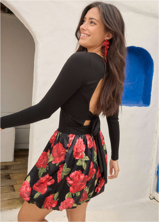 Long Sleeve Bubble Hem Mini - Antique Roses | Venus Popular Choice