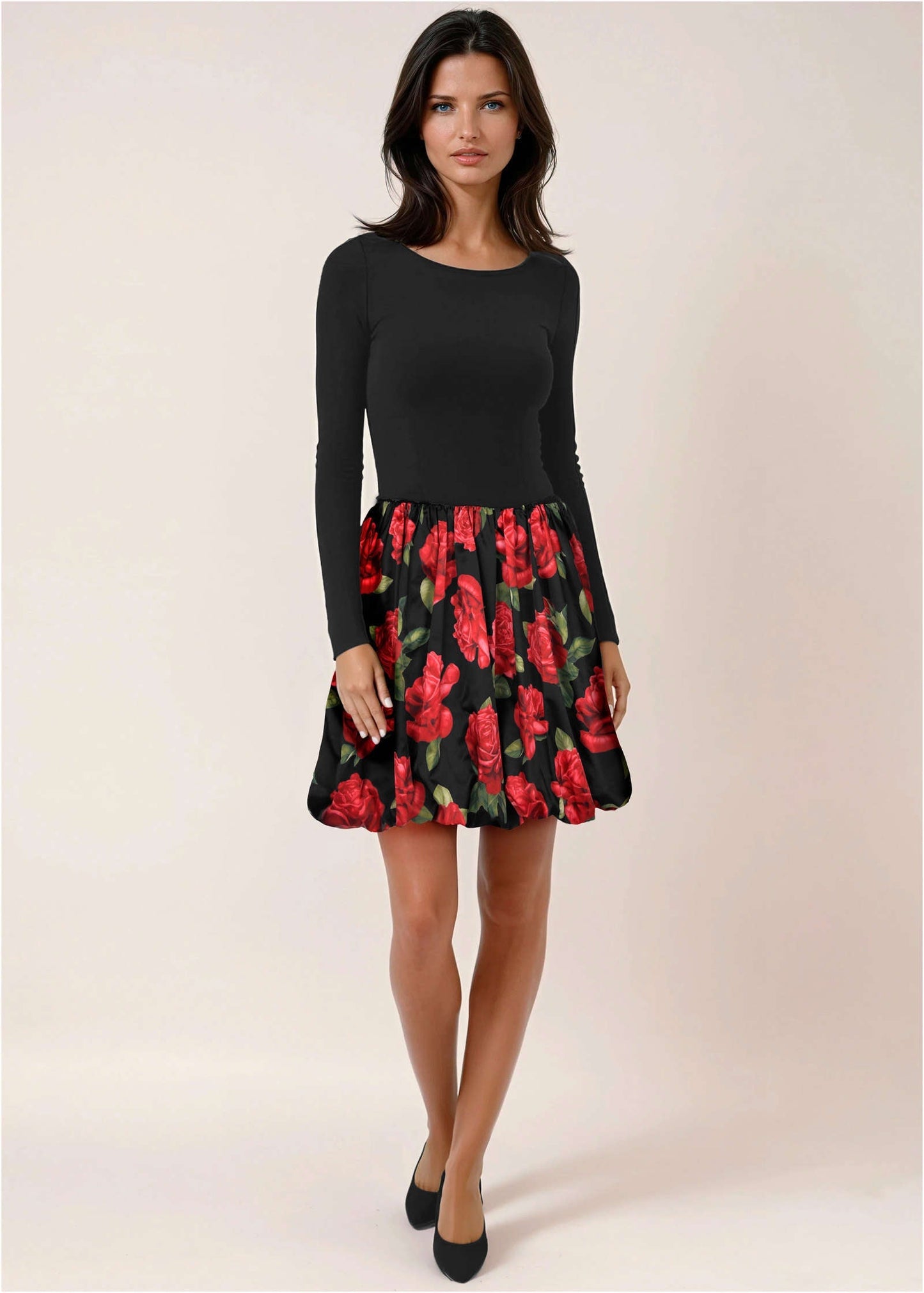 Long Sleeve Bubble Hem Mini - Antique Roses | Venus Popular Choice