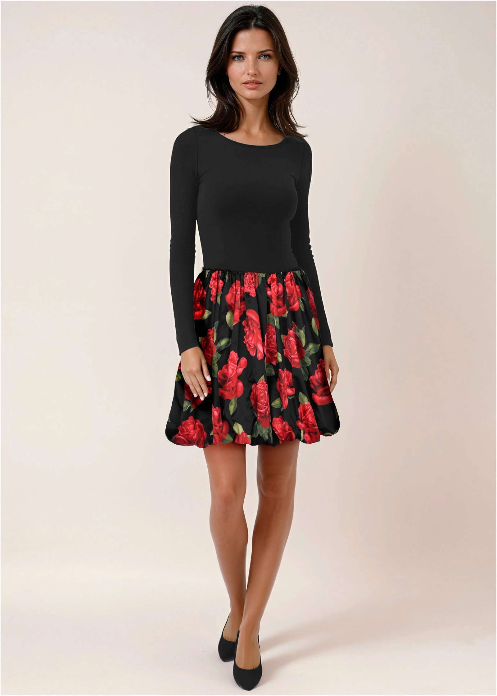 Long Sleeve Bubble Hem Mini - Antique Roses | Venus Popular Choice