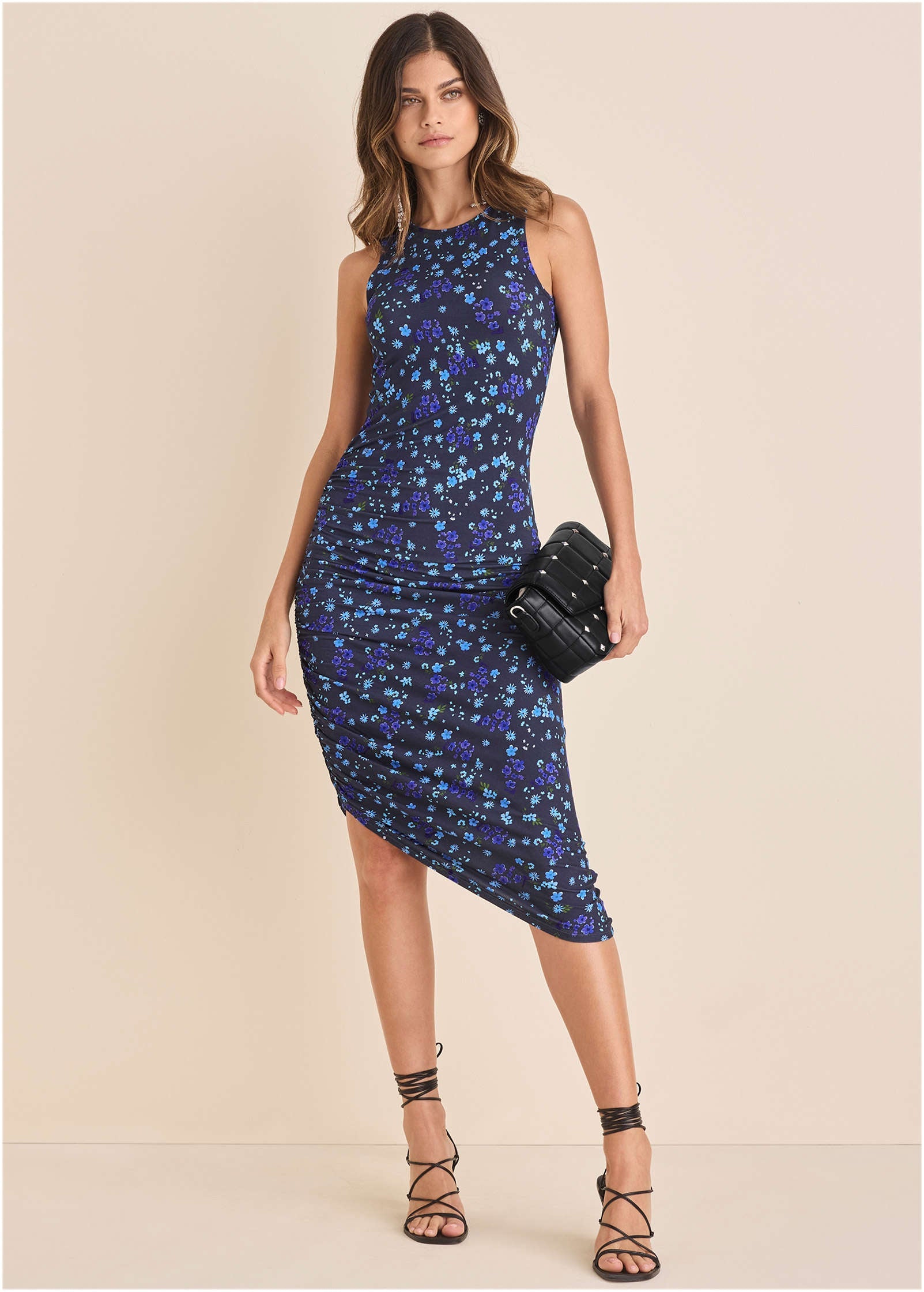 Side Ruched Midi Dress - Lovely Ditsy Blue | Venus Affordable