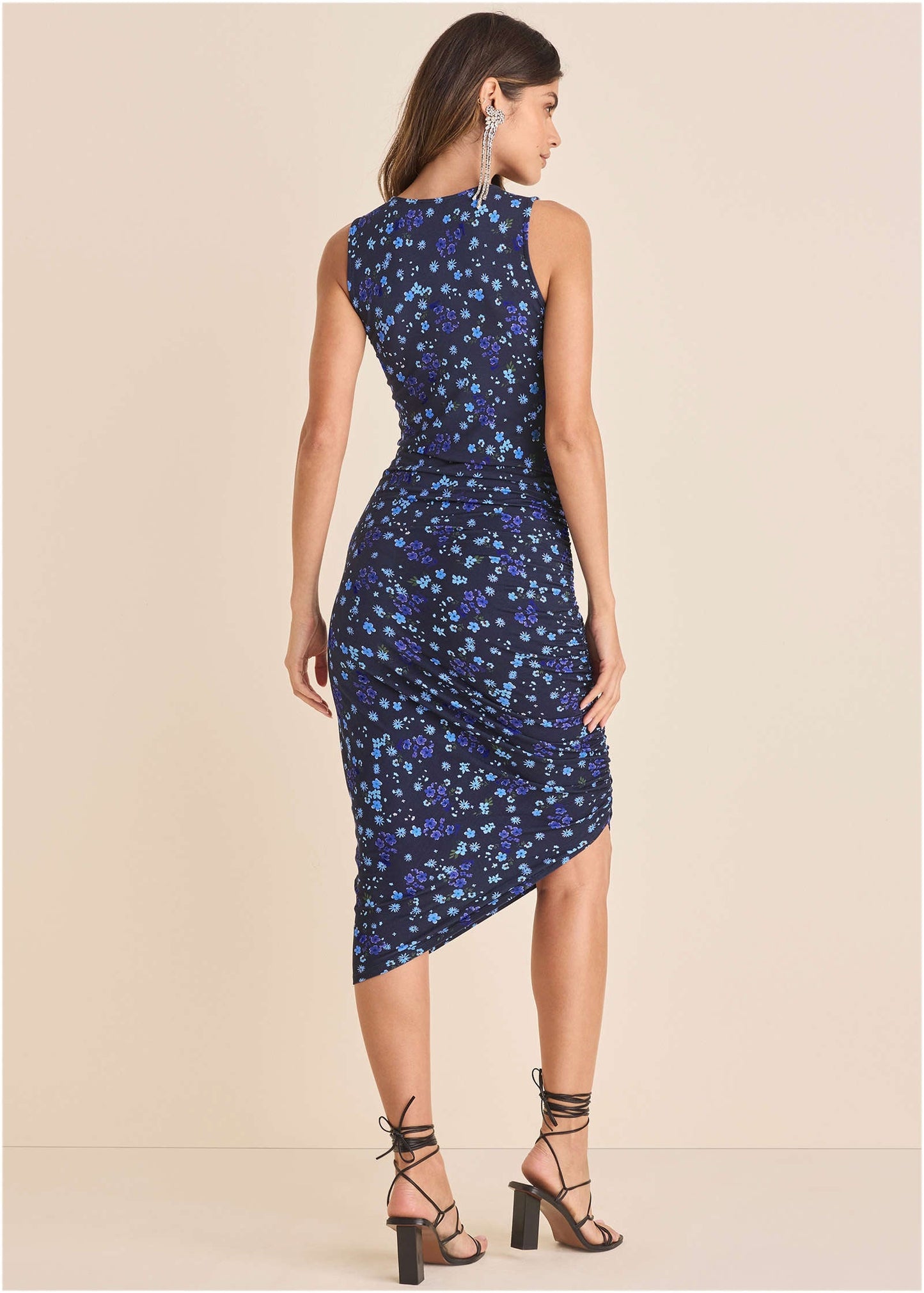 Side Ruched Midi Dress - Lovely Ditsy Blue | Venus Affordable