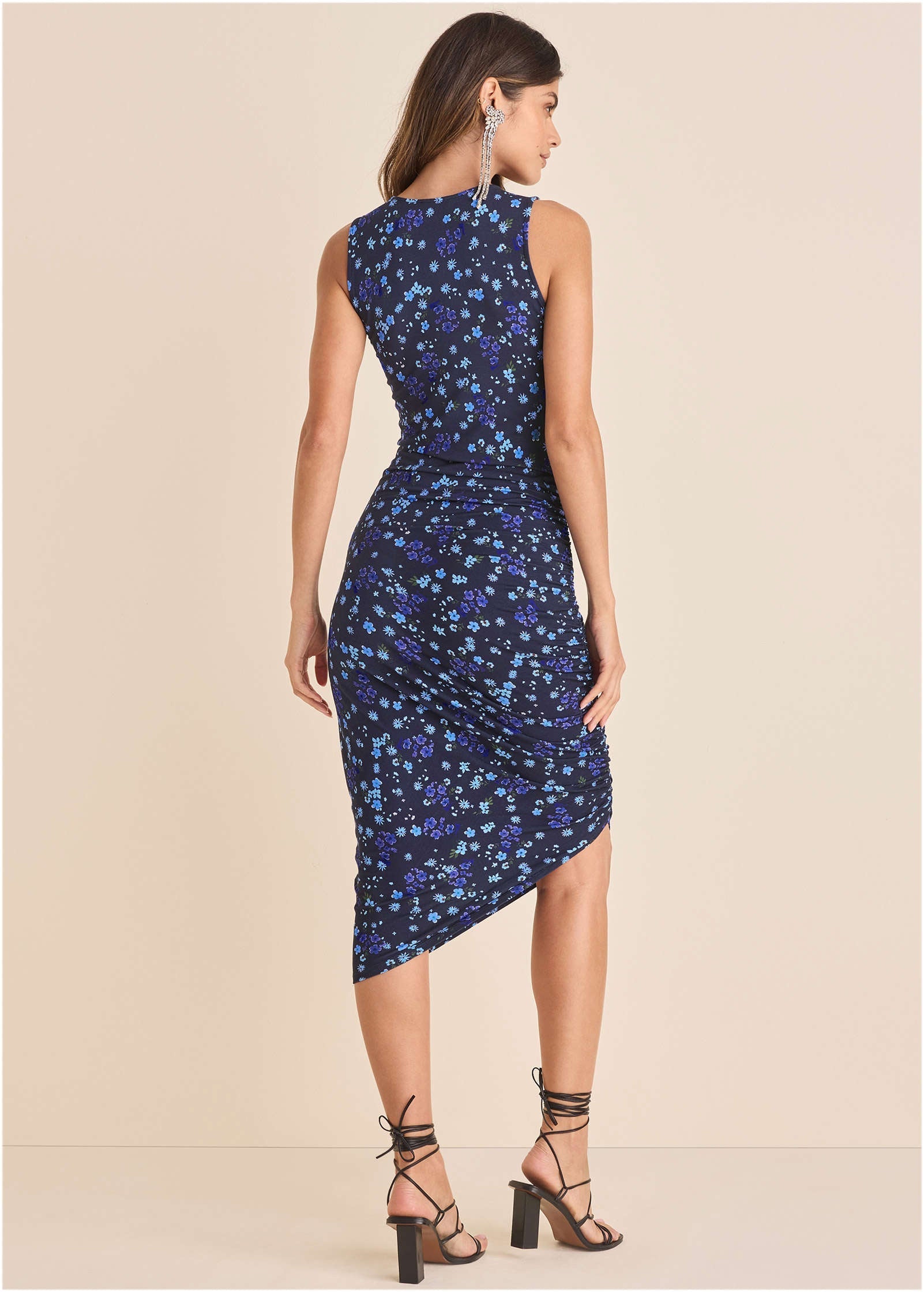 Side Ruched Midi Dress - Lovely Ditsy Blue | Venus Affordable