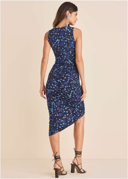 Side Ruched Midi Dress - Lovely Ditsy Blue | Venus Affordable