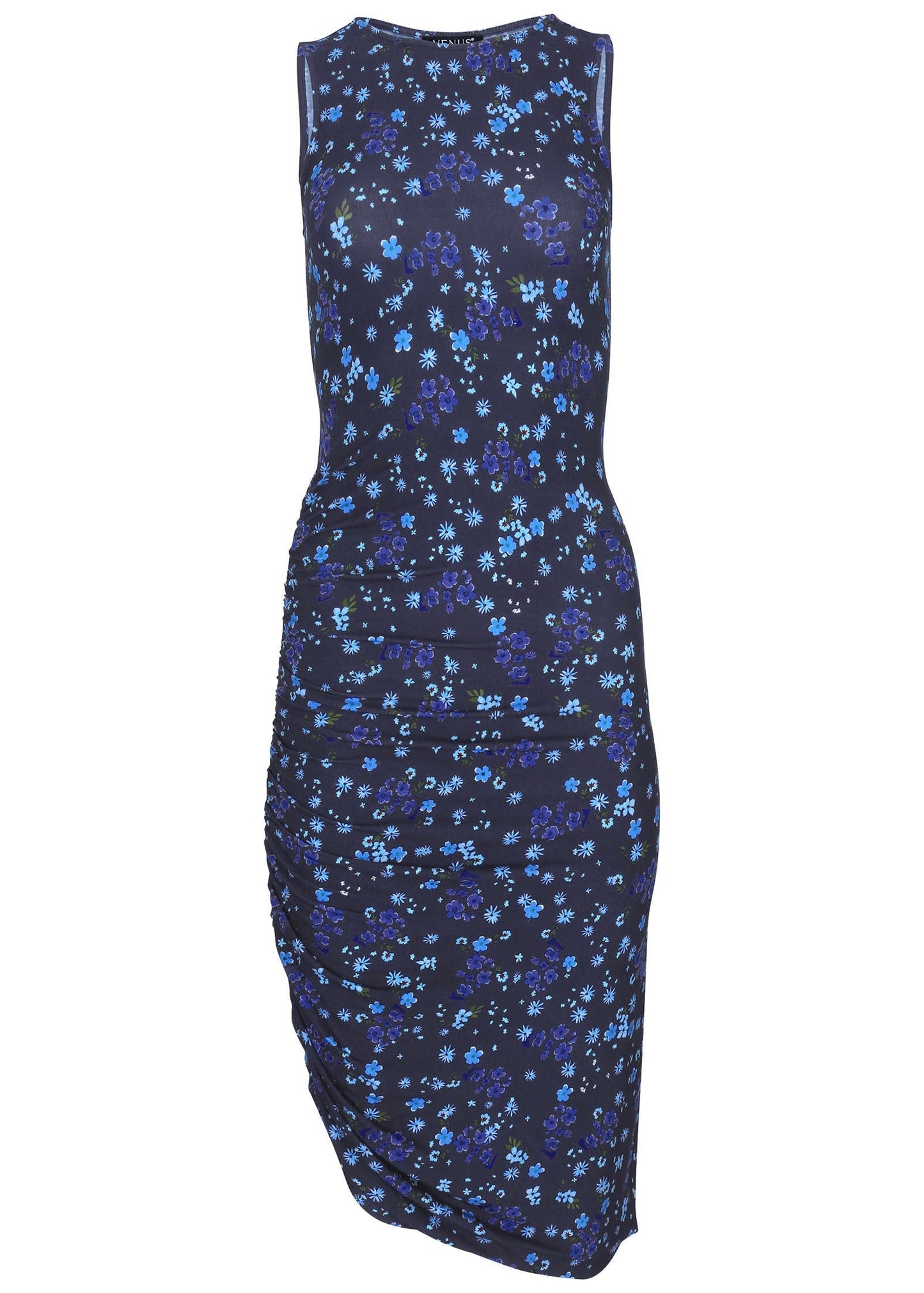 Side Ruched Midi Dress - Lovely Ditsy Blue | Venus Affordable