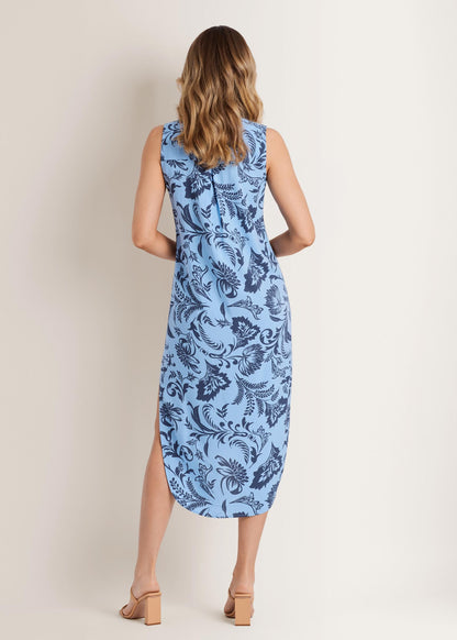 Midi Sleeveless V-Neck Dress Blue Botanical | Venus Special Offer