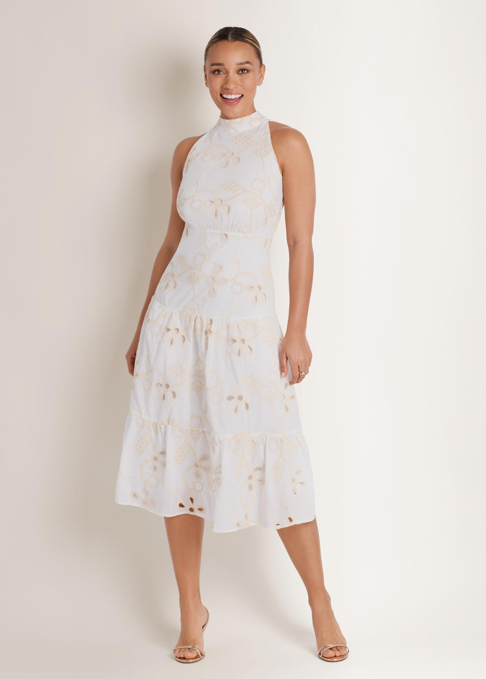 Emb Halter Mock Neck Midi Dress Natural | Venus Popular Choice