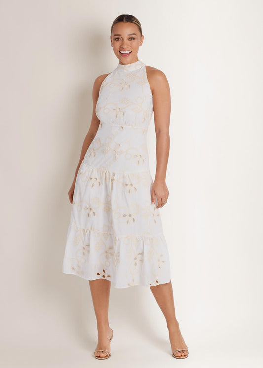 Emb Halter Mock Neck Midi Dress Natural | Venus Popular Choice