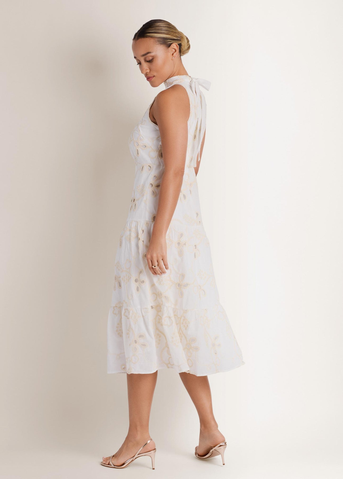 Emb Halter Mock Neck Midi Dress Natural | Venus Popular Choice