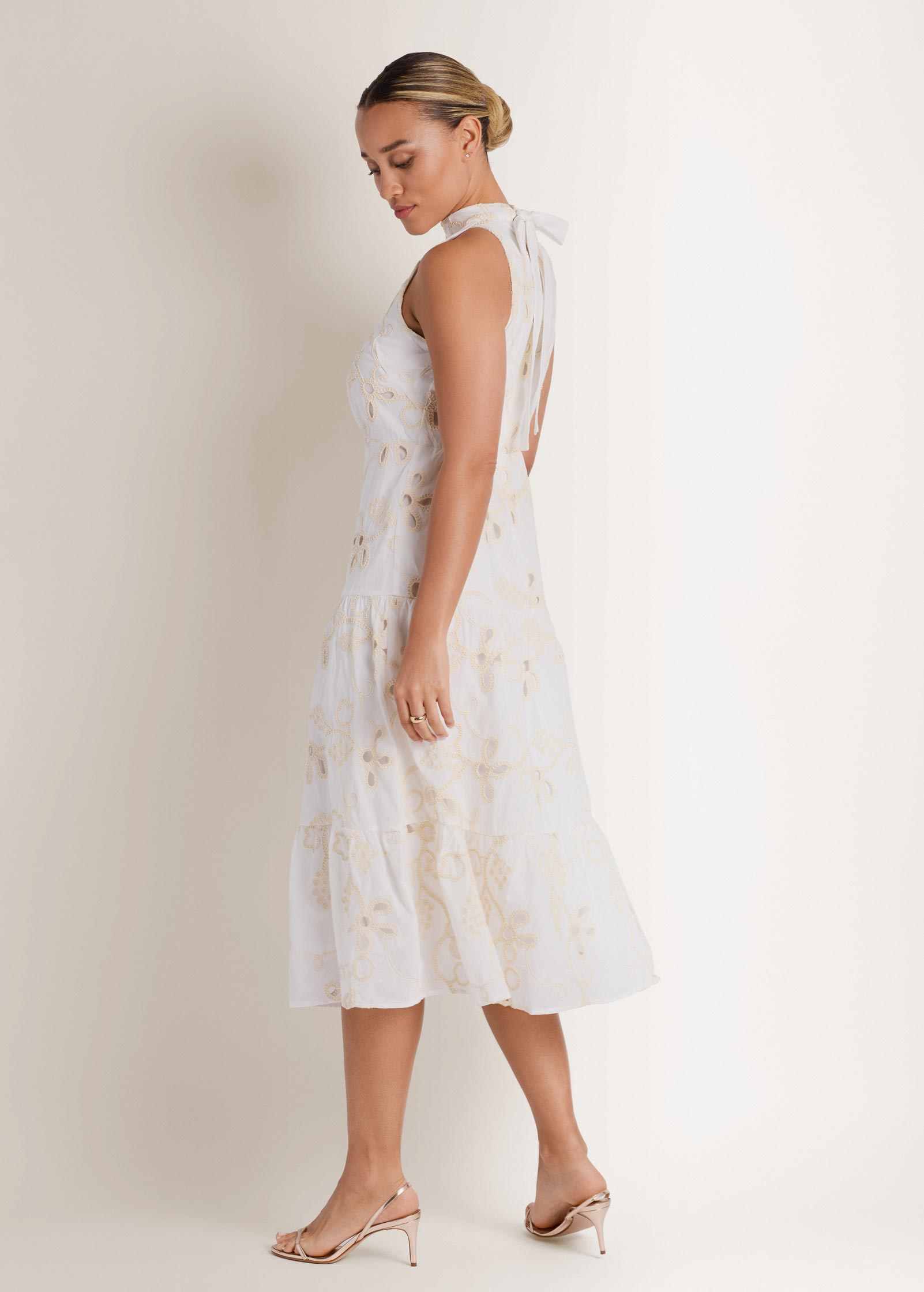 Emb Halter Mock Neck Midi Dress Natural | Venus Popular Choice