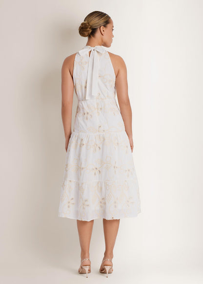 Emb Halter Mock Neck Midi Dress Natural | Venus Popular Choice